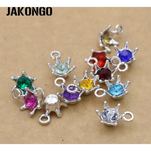 JAKONGO Silver Plated Colorful Crystal Crown Charms Pendants for Jewelry Accessories Making Bracelet Findings 11mm 12pcs/lot