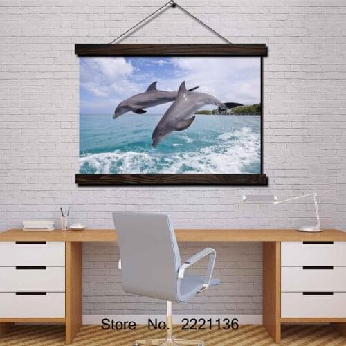 Two dolphins jump out sea Scroll Painting Modern Home Framed Hanging Wall Decoration Artworks in High Definition Print Poster