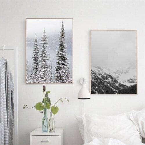 Snow Mountain Landscape Poster Wall Art Canvas Painting Prints Snow Covered Trees by the Lake Photography Picture Home Decor
