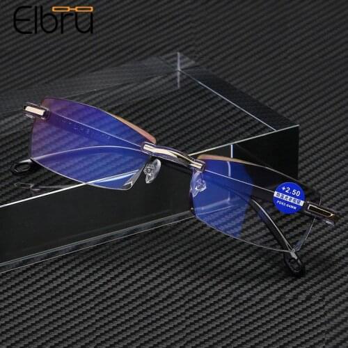 Elbru Vintage Frameless Anti Blue Light Reading Glasses Clear Lens Presbyopic Eyeglasses Men Women Hyperopia Reader Spectacles