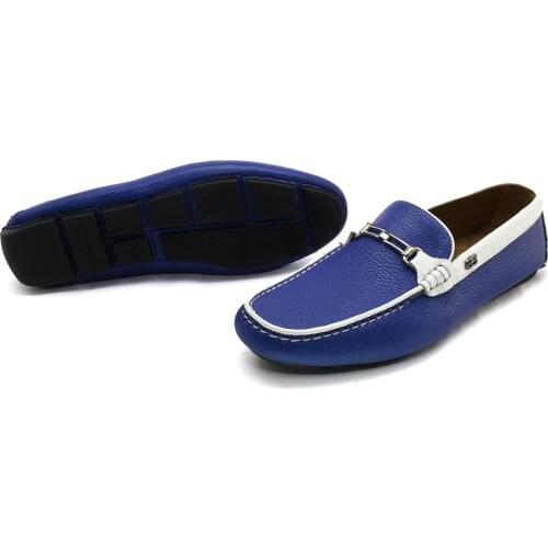Handmade Classic Old School Loafers with Real Calf Leather, Blue & White Floater Leather, Flexible Rubber Sole, Discounted