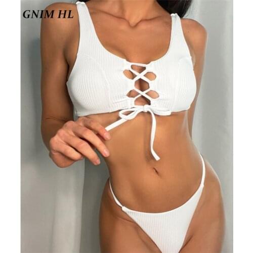 GNIM Sexy Drawstring Solid Swimsuit Bikini Set 2021 Summer Beachwear Swimwear Women Push Up 2 Pieces Sport Womens Swimming Suit