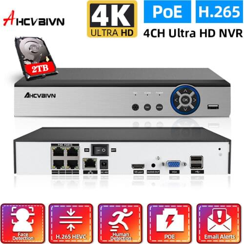 AHCVBIVN XMeye 4ch 5MP POE NVR Face Recognition H.265+ Onvif Network Video Recorder Audio Record POE IP Camera Onvif P2P System
