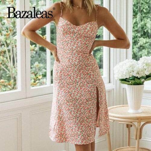 Bazaleas Chic Pink Floral Print Dress Retro Dresses Sexy Split Vestidos Vintage Tube Women Midi Dress