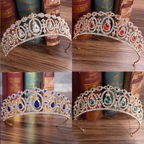 Green Blue Red Gold Tiara Wedding Crown Bridal Hair Accessories Baroque Crystal Queen Crown Women Adult gift Party Hair Jewelry