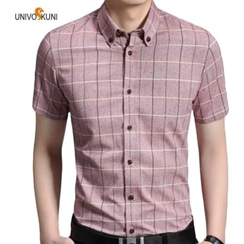 UNIVOS KUNI Summer Dress Trend Plaid Shirt рубашка Short Sleeve Comfortable Male camisa masculina Large Size M-3XL WYR43