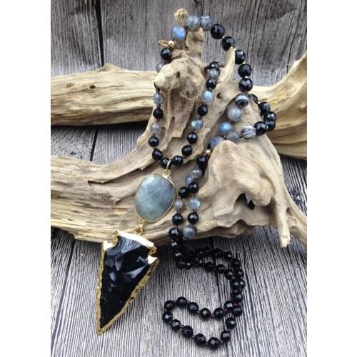 YA2738 Black Obsdian Arrow & Labradorite Pendant Stone Black Onyx Agat Beads Knot Handmade Necklace
