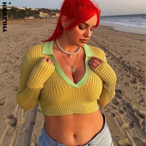 YHLZBNH Summer Sexy Knitted Green Long Sleeve T Shirts Women Casual V-neck Short Top Fashion 90S Vintage Y2K Crop Top Streetwear