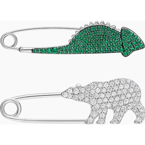 High Quality 925 Sterling Silver White Polar Bear Green Reptile Brooch Pave Cubic Zirconia for Women Fashion Cute Jewelry