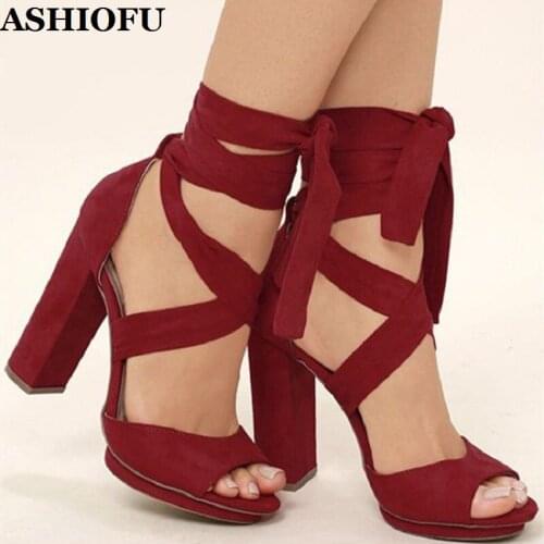 ASHIOFU Classic Ladies Chunky Heel Sandals Ankle Wrap Party Prom Summer Shoes Cross-strap Peep-toe Evening Fashion Sandals Shoes