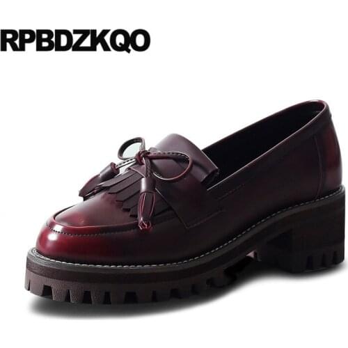 Luxury fringe ladies platform 2019 spring fashion women pumps shoes round toe medium heels tassel block size 4 34 high wine red