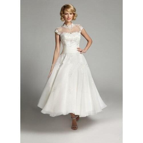 2018 new arrival vestido de noiva high neck Tea Length Custom size white ivory lace corset evening Mother of the Bride Dresses