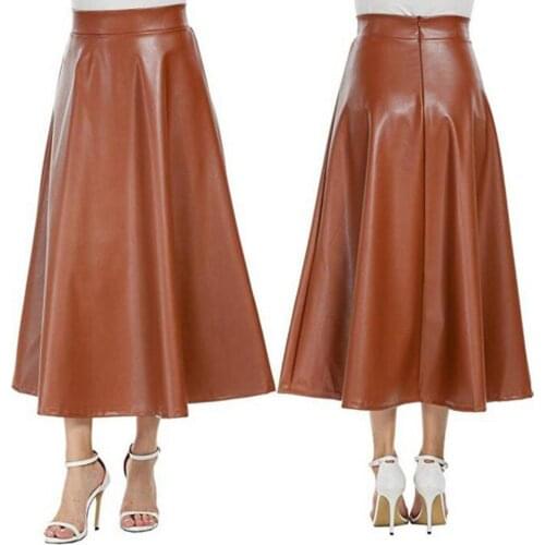 Winter Pu Leather Skirt Women Maxi Long Skirts Womens High Waist Slim Autumn Vintage Pleated Skirt Black Large Swing Long Skirts