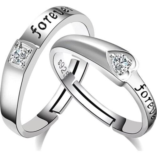 100% 925 sterling silver new fashion heart shiny crystal lovers`rings adjustable finger ring jewelry wedding gift drop shipping