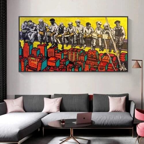 Abstract City Building Canvas Painting Skyscraper Workers Scenery Prints and Posters Wall Art Picture for Living Room Home Decor