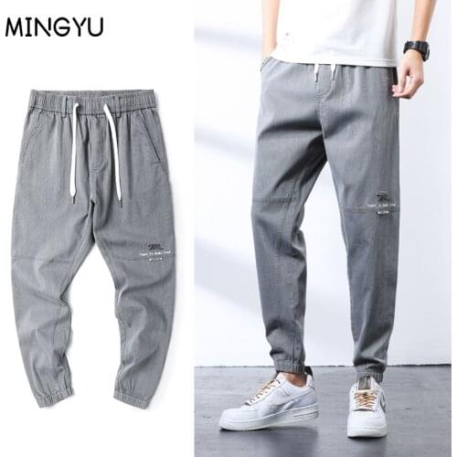 Mens Retro Harem Pants Spring Summer Washed Denim Jeans Elastic Waist Comfort Grey Long Pants Pantalon Sarouel Homme Trousers