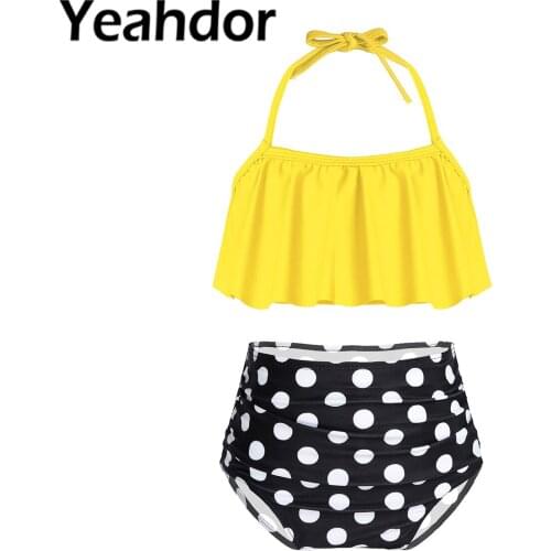 Kids Swimsuit for Girls Swimming Suit Bikini Set Halter Neck Shoulder Straps Ruffle Bikini Crop Top Polka Dots Printed Swimwear