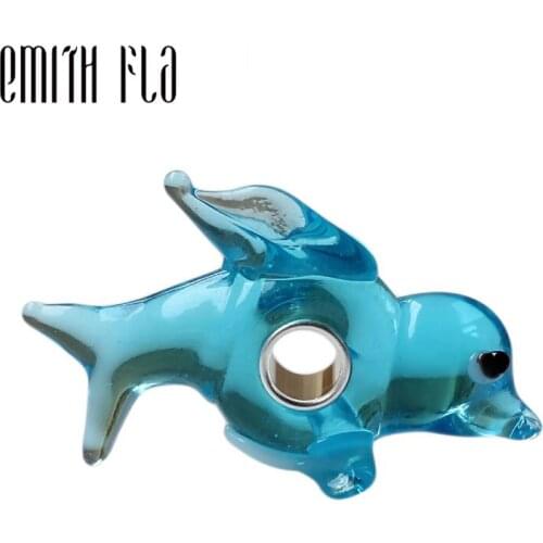 Emith Fla 100% 925 Sterling Silver DIY Blue Dolphin Lampwork Charm Bead Fit European Bracelet Bangle Jewelry Accessories DIY