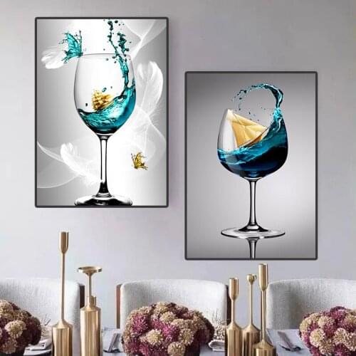 Europe Blue Wine Glass Butterfly Goblet Canvas Painting Modern Abstract Nordic Alcohol Posters and Prints Wall Art Home Decor