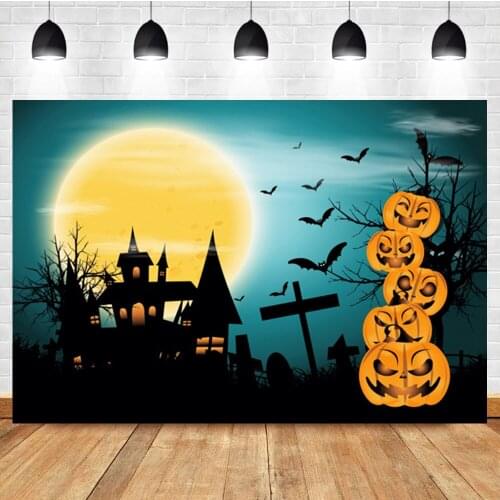 Laeacco Halloween Cartoon Castle Moon Bat Pumpkin Birthday Photo Photography Background Photographic Backdrop For Photo Studio