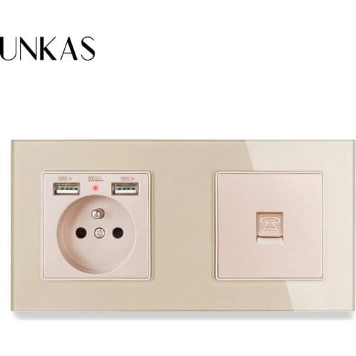 UNKAS French Standard Electric Socket with 2 USB Charge Port + 1 Gang RJ11 Telephone Connector Tempered Glass Panel 172*86mm