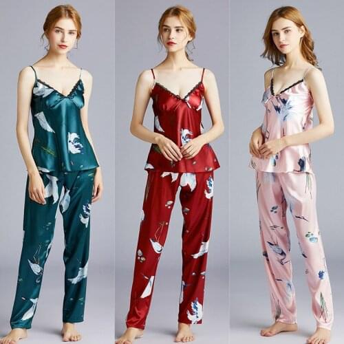 Summer Womens Silk Pajamas, Sexy Suspenders, Comfortable Satin Suspender Trousers Two-piece Home Service, Feihe Printed Pajamas