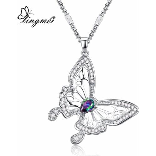 Lingmei Wholesale Drop Shipping Butterfly Fashion Women ewelry Multicolor & Blue Zircon Silver Color Pendant Necklace Chain