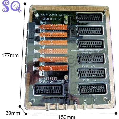 6 in 1 output Video Mini Scart Distributor Converter Acrylic Case RCA SVHS AV TV Audio Divide EUR Automatic switcher Adapter
