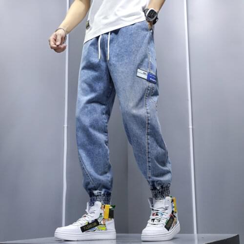 New Mens Jeans Korean Hip Hop Harem Pants Men Loose Joggers Denim Casual Sweatpants Ankle-Tie Trousers Streetwear Mens Clothes