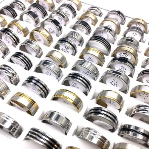 Wholesale lots bulk male finger rings 100PCs gold black silver color mens stainless steel stripe enamel jewelry mixed styles