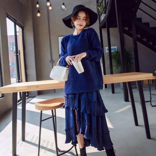 Autumn and winter ladies knit suit casual strap dress sets 2019 fashion blue knit loose pullover sweater Dress two-piece female