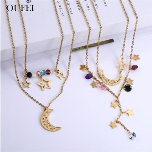 OUFEI Moon Multi Layer Necklace Earrings Set Stainless Steel Jewelry Woman Set Of Earrings For Women Fashion Jewelry Accessories