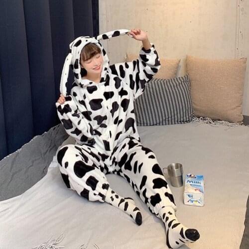 Warm Women Pajamas Jumpsuit Korean Lovely Cow Printed Coral Velvet Hooded Nightgown Oversize Long Sleeve Sleeping Homewear