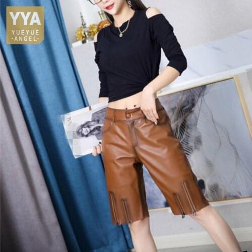 Women Genuine Leather Knee Length Trousers Vintage Cargo Shorts Button Elastic High Waist Casual Shorts Bikers Straight Shorts
