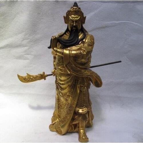 16" China Bronze Copper 24K Gold Dragon GuanGong GuanYu YunChang War God Statue