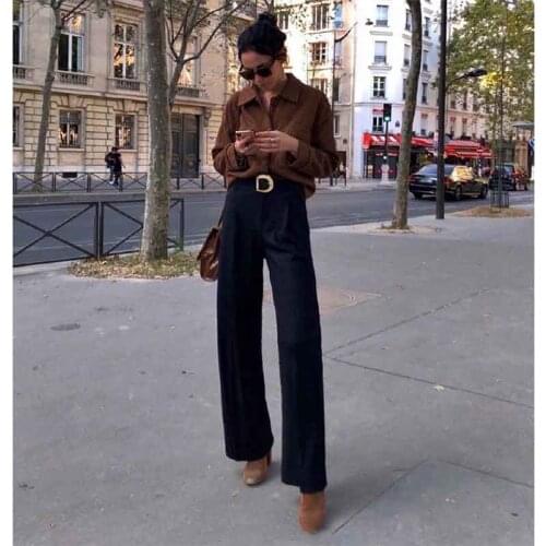 2021 Autumn Winter Women Wide Leg Pants Black Wool Trousers High Waist Golden Letter Buck Belt Fashion Pantalon