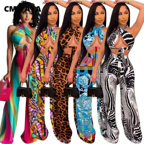 CM.YAYA Women Two Piece Set Print Sleeveless Halter Bandage Super-short Tops High Waist Wide Leg Pants Casual Clothes Summer