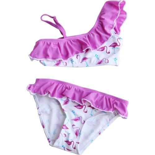 2-14 Years Baby Girl Swimsuit Kids Flamingo Cartoon Teenager Girl Bikinis One Shoulder Toddler Infant Girl Bathing Suit Ruffle