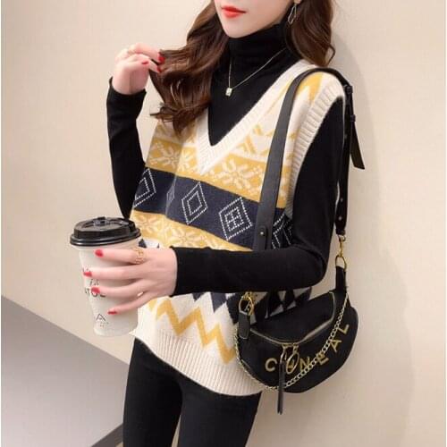 Fashion Girl Women 2022 Fashion Houndstooth Loose Knitted Vest Sweater V Neck Sleeveless Side Vents Female Waistcoat Chic Tops