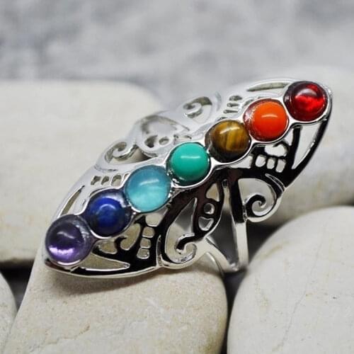 Silver Plated 7 Chakra Healing Hollow Thumb Reiki Natural Stones Ring for Women Adjustable Ring Boho Jewelry