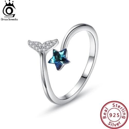 ORSA JEWELS 925 Sterling Silver Star Fishtail Austria Crystal Ring for Women 2021 Trendy Adjustable Finger Rings Jewelry SWR03