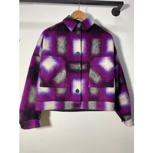 Winter Women Check Wool Blend Cropped Jacket Loose Coat Front Pockets Drop Shoulder Short Coats