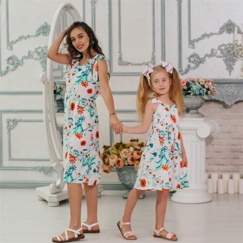 2021 Summer Family Matching Outfits Clothes Flower Print Mother and Daughter Dress Fashion Baby Girl Rompers Sleeveless Costume