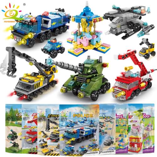 HUIQIBAO 6IN1 City Fire Police Army Engineering Street View Girls Building Blocks Tank Helicopter Truck Car Bricks Children Toys
