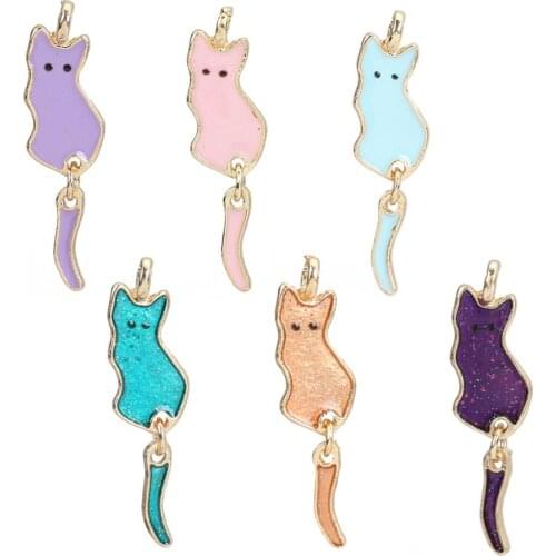 8SEASONS Fashion Zinc Based Alloy Pendants Cat Animal KC Gold Light Pink Colorful Enamel Jewelry DIY Charms32mm x 9mm, 10 PCs