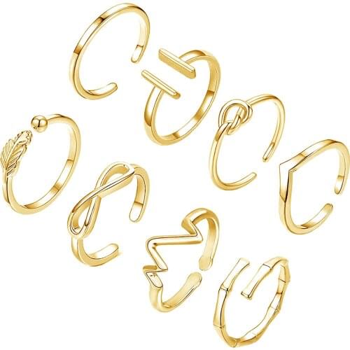 8PCS Toe Ring Adjustable Rings for Women Dainty Stacking Rings Knot Arrow Wave Thumb Knuckle Rings Set Summer Beach Ladies Ring