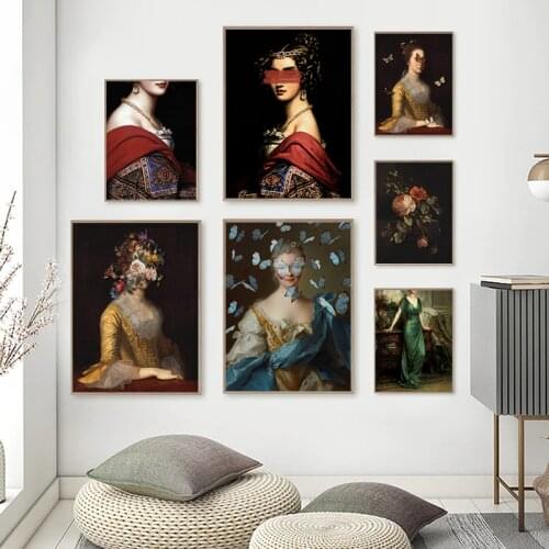 Antique Oil Painting Woman Portrait Canvas Art Print , Vintage Altered Portrait Canvas Painting Wall Picture Home Room Art Decor