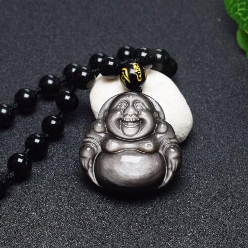 BOEYCJR Energy Big belly Buddha Silver Color obsidian Necklace Stone Fashion Jewelry Pendant Necklaces for Women and Men