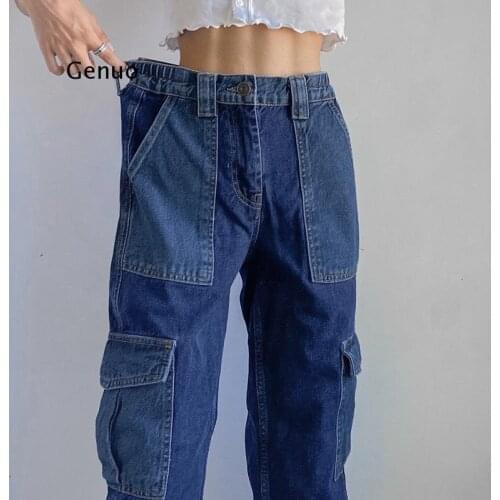 Pocket Cargo Pants Straight Wide Leg Baggy Jeans Women Korean Hip Hop Boyfriend Mom Jeans High Waist Y2K Denim Trousers