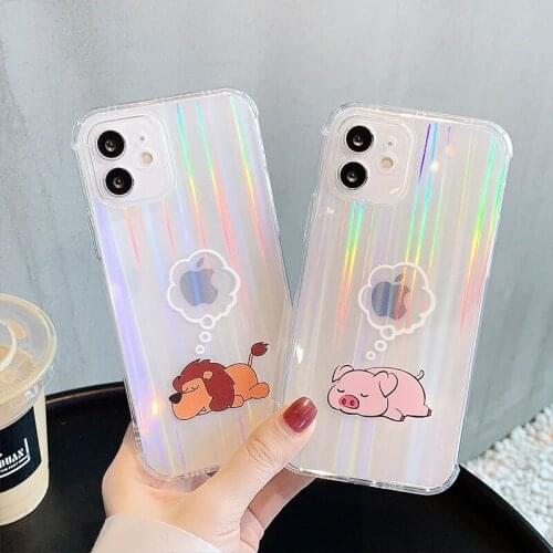 Phone Case Cover For iPhone 7 8 Plus SE 2020 11 12 Pro Max X XR XS Max Glitter Laser Cartoon Pig Lion Shockproof Soft TPU Skin